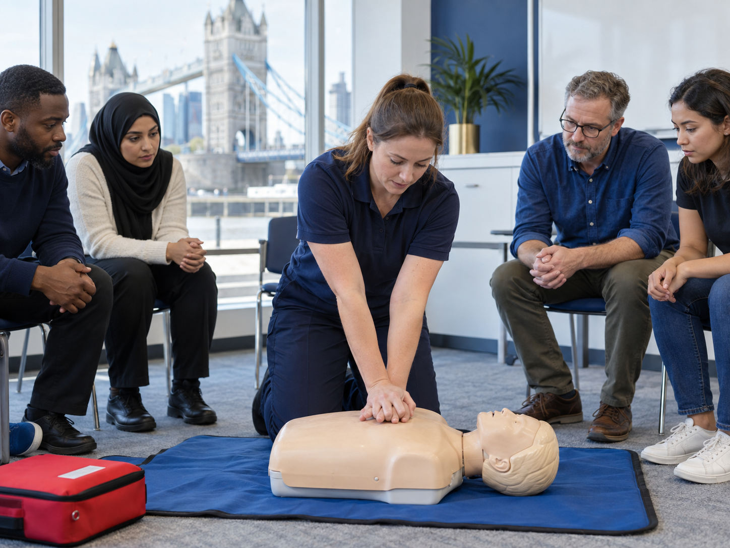 Adult learners taking part in first aid training